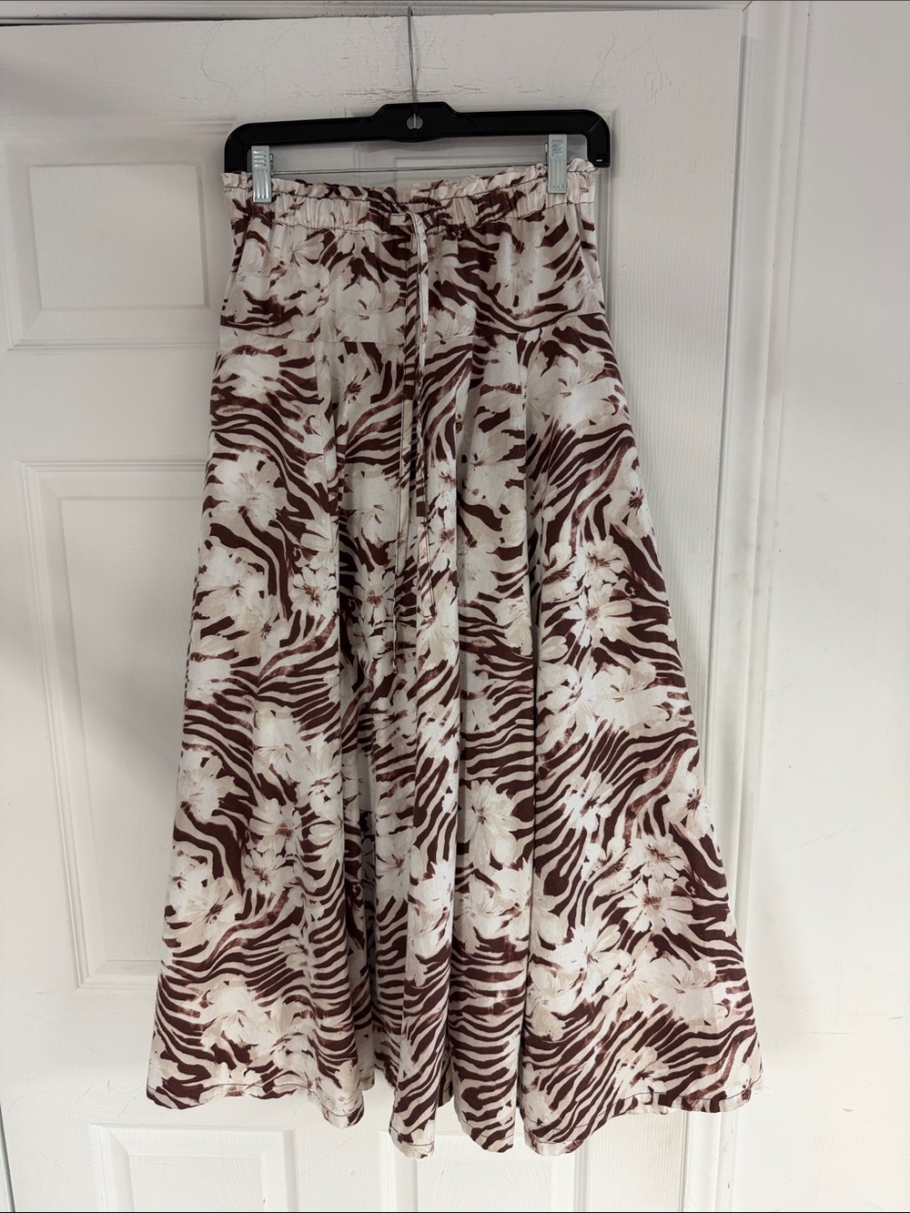 Free People White & Brown Floral Zebra A-Line Midi Skirt